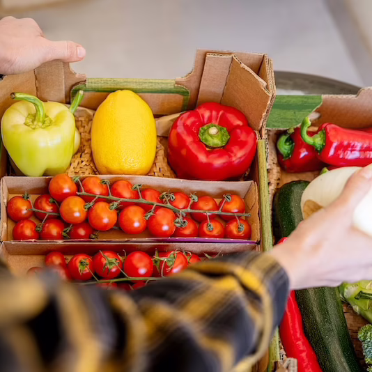Unpacking fresh organic produce from delivery box top view